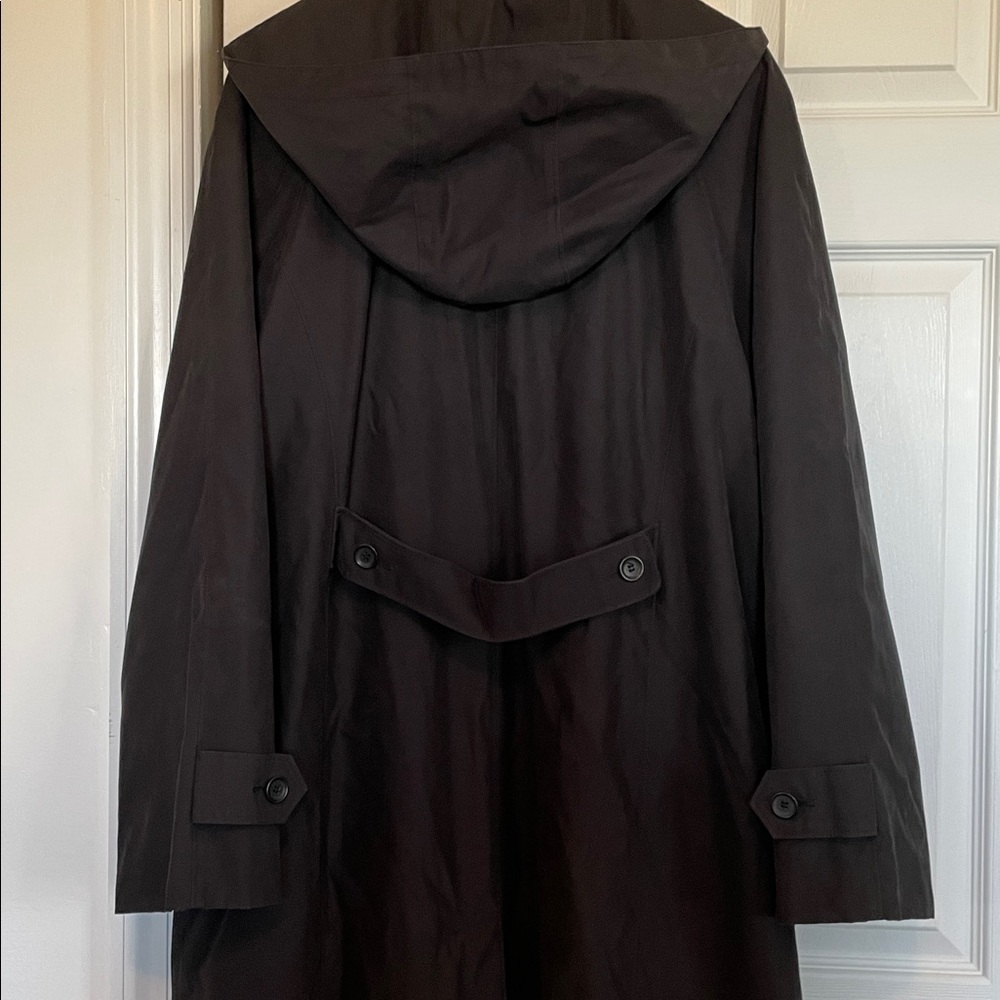 Women’s 16 London Fog Full LengthTrench Coat Black Hooded Lined hidden buttons - Picture 7 of 17